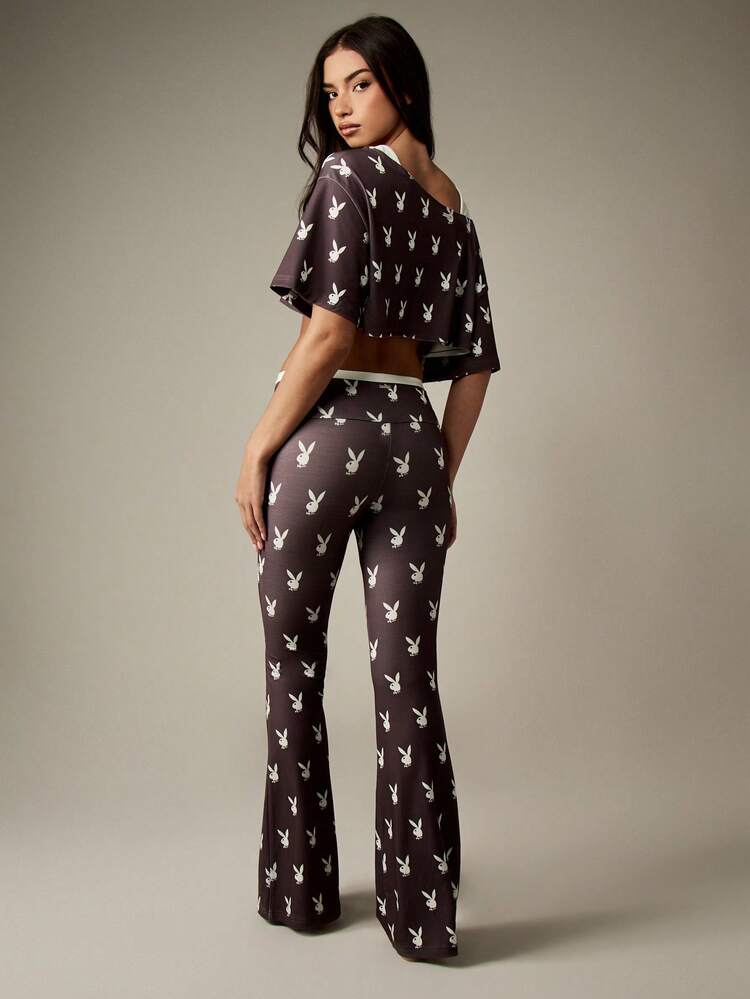 Missguided x Playboy Christmas Off Shoulder Crop Top And Flare Pants With Bunny Print