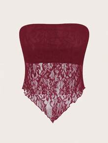 SHEIN EZwear Women's Sexy Casual Burgundy Lace Asymmetrical Hem Tight Bandeau Top, Suitable For Summer,Sexy Top - Burgundy - View 1