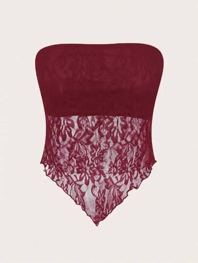 SHEIN EZwear Women's Sexy Casual Burgundy Lace Asymmetrical Hem Tight Bandeau Top, Suitable For Summer,Sexy Top