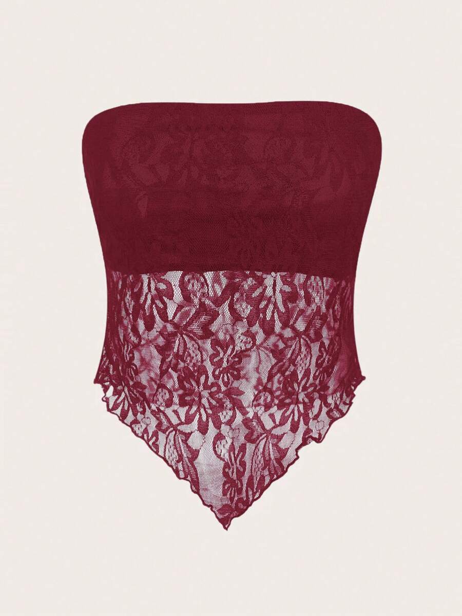 SHEIN EZwear Women's Sexy Casual Burgundy Lace Asymmetrical Hem Tight Bandeau Top, Suitable For Summer,Sexy Top - Burgundy - View 1