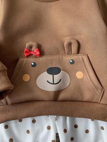 SHEIN 2 件套女婴可爱卡通熊波尔卡圆点长裤和长袖服装套装，秋冬 - 棕色 - 查看 7