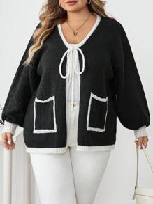 SHEIN CURVE+ Plus Size Casual Loose Tie Pocket Long Sleeve Cardigans In Fall/Winter - Black - View 5