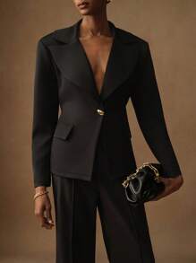 Lyxana Women's Oversized Wide Narrow Waist Metal Button Blazer Fall Cloth For Women - Black - View 4