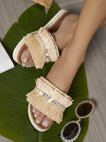 SHUZIA Women's Fashionable Fringe Flat Sandals - Beige - View 2