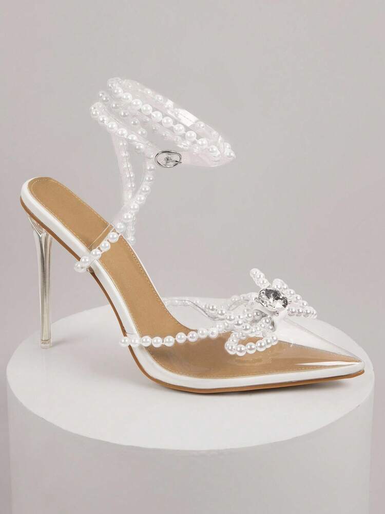 Women Shoes Pearl Decor Ankle Strap Closed Pointy Toe Stiletto Thin High Heeled Sexy Elegant Party TPU Nude Clear Heels