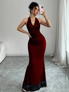 Rafferiza 优雅修身鱼尾下摆 V 领腰部褶皱针织网眼玫瑰红色衬里长款连衣裙，适合秋冬女士 - 紅色 - 查看 3