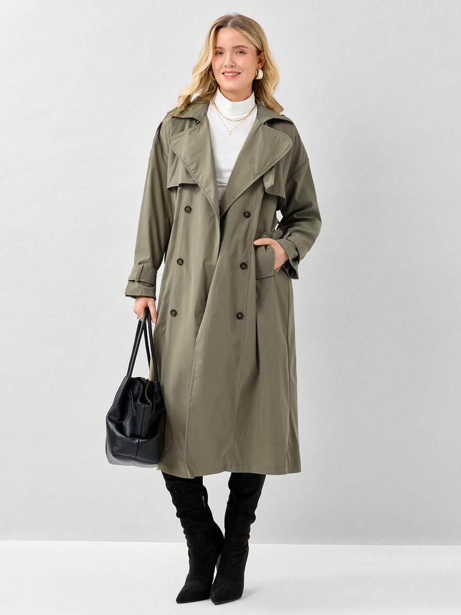 Miaspire Medellånga anti-rynktyg trenchcoat för kvinnor, vår/höst - Armé Grön - Visa 1