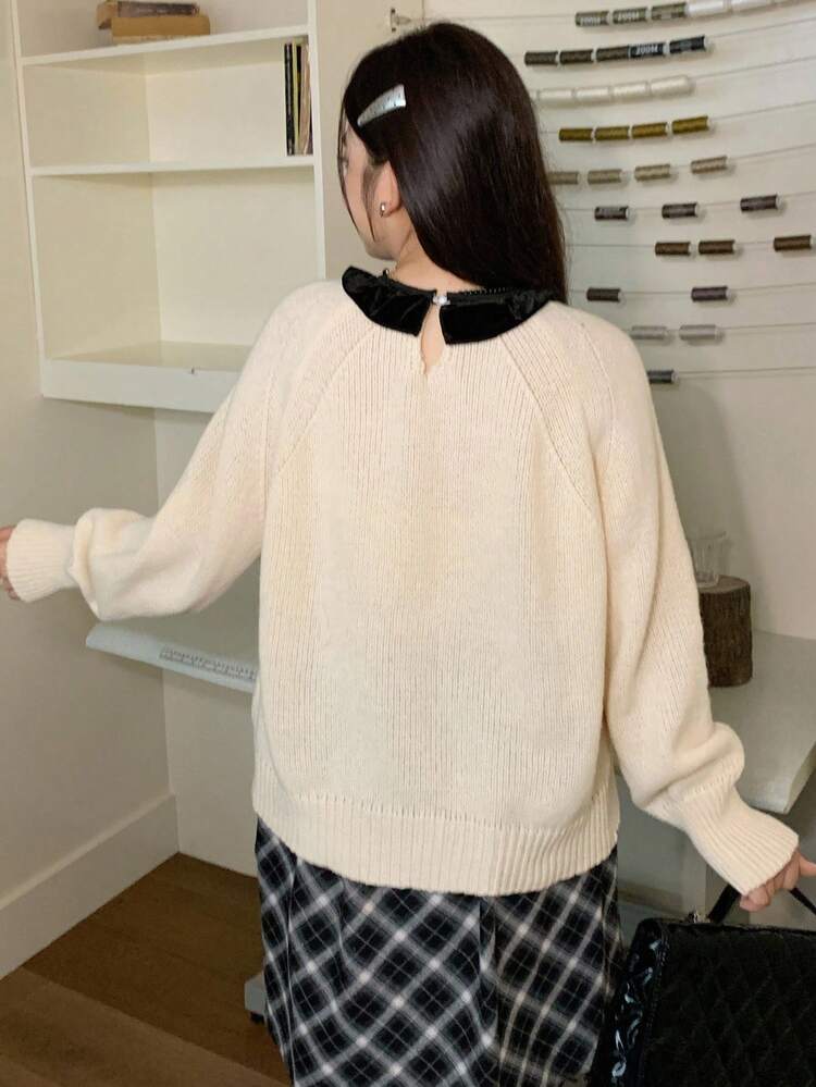 Dazy Plus Contrast Color Patchwork Lace-Up Collar Loose Long Sleeve Pullover Sweater, Elegant Plus Size Women, Spring/Autumn