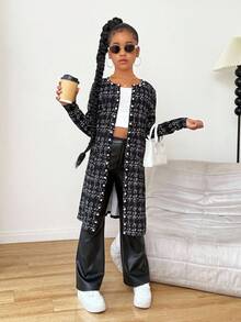 SHEIN 青少年女孩秋冬日常圆领珍珠纽扣前中长款夹克，带口袋，母女装（2 件单独出售） - 黑色 - 查看 2