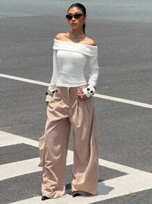 Muchica Damen Neuer Off-Shoulder Faux-Kaschmir Strick Langarm T-Shirt, Herbst - Aprikosenfarben - Übersicht 5