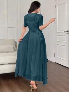 Modelyn 2件套女士3D花卉装饰腰部吊带背心连衣裙和系带袖上衣 - 藍色 - 查看 2