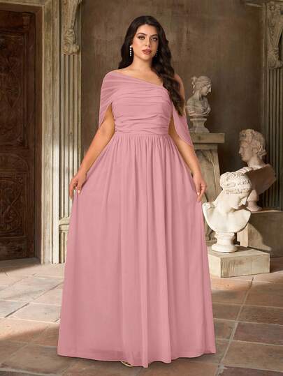 Aureia 加大码优雅浪漫粉色雪纺不对称露肩褶饰喇叭袖高开衩 A 字下摆连衣裙，适合婚礼、派对、度假、庆典、伴娘