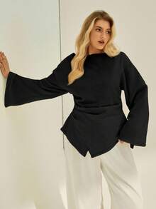 Auralis Plus Size Dam Svart Rund Hals Långärmad Plisserad Modetopp - Svart - Visa 5