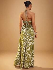 Hauture Front Cut Out Cross Over Halter Open Back Maxi Dress