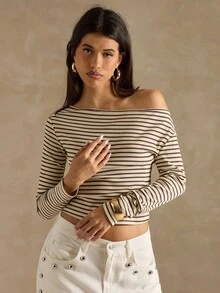 SHEIN BAE Women's Contrast Stripe Oblique Shoulder Long Sleeve T-Shirt,Autumn Women's Clothing, Winter Women's Clothing, Apricot Striped Women's Tops, Going Out Tops, Striped Off-The-Shoulder Tops, Women's Casual Tops, Long-Sleeved T-Shirts, - Multicolor - View 5