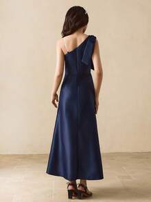 少女斜肩束腰蝴蝶结优雅派对、婚礼、万圣节、圣诞节连衣裙 - 藍色 - 查看 2