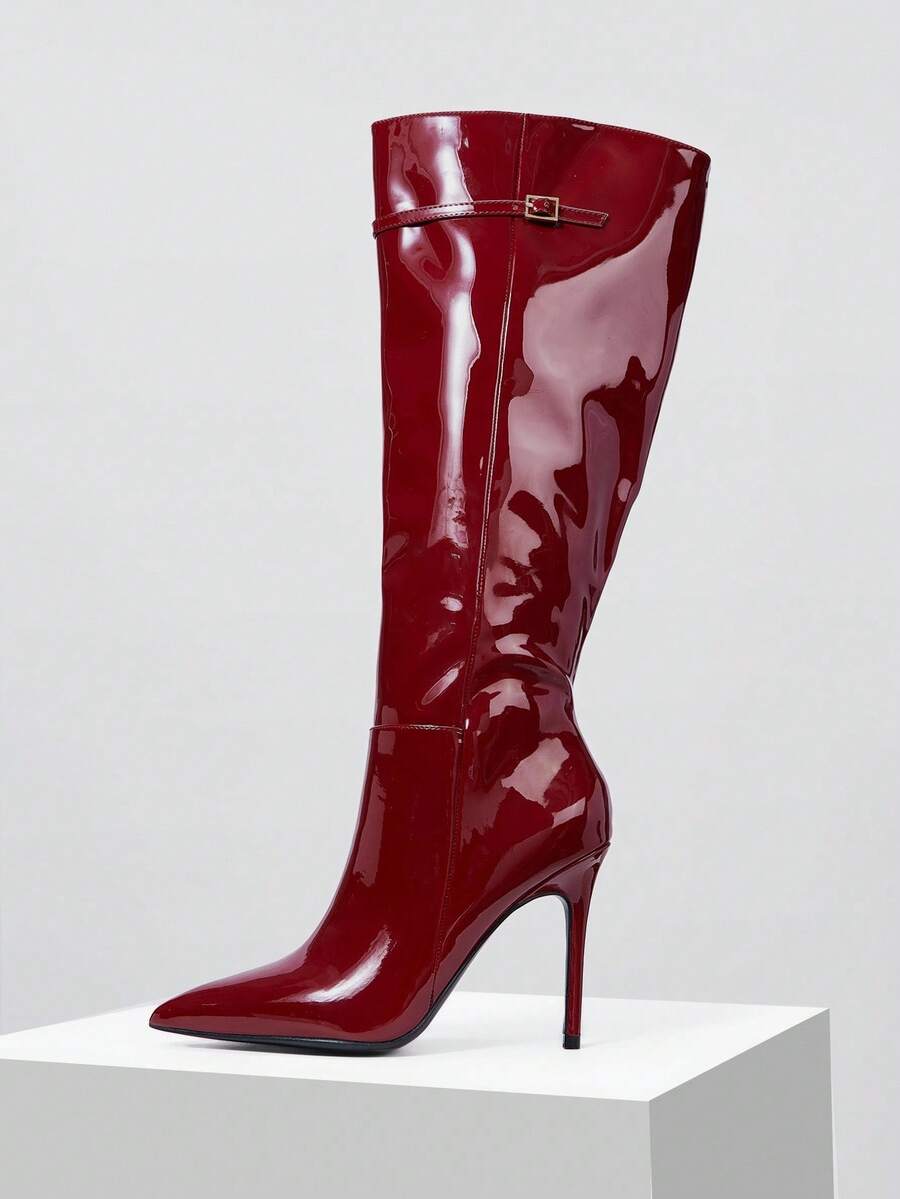 Mnmlis 优雅的酒红色漆皮高筒靴，配有金属扣带，细高跟鞋 - 酒紅色 - 查看 1
