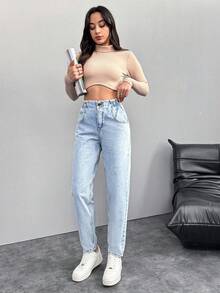 RueChic Paper Bag Waist Tapered Jeans - Dusty Blue - View 8