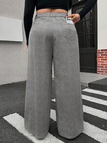 Muchica Plus Size Women Houndstooth Pattern Loose Straight Leg Casual/Office Pants Plaid Pants High Waisted Pants Gray Plaid Pants Wide Leg Pants In Fall/Winter Gray Pants