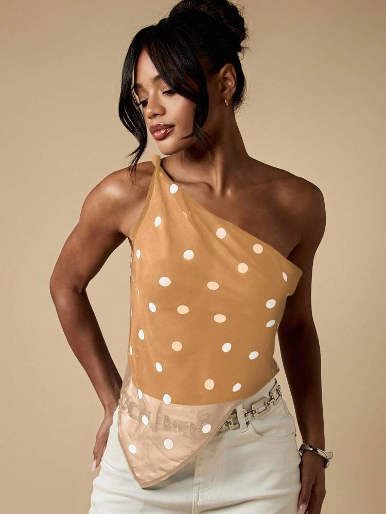 MISSGUIDED Elegant One Shoulder Polka Dot Bodysuit Asymmetric Hem Evening Party Club Night Out Dancing Casual Summer Spring Top