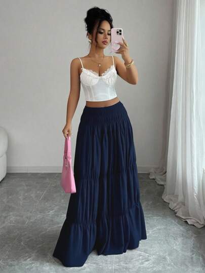 Elenzga Women's Solid Color Pleated A-Line Skirt, Casual Everyday Wear, Back To School Season