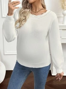SHEIN Maternity Solid Color Hollow Back Design Crew Neck Loose Knit Sweater, Autumn - White - View 2