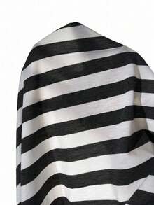 SHEIN 女式休闲露肩短袖条纹印花家居服连衣裙 - 黑與白 - 查看 6