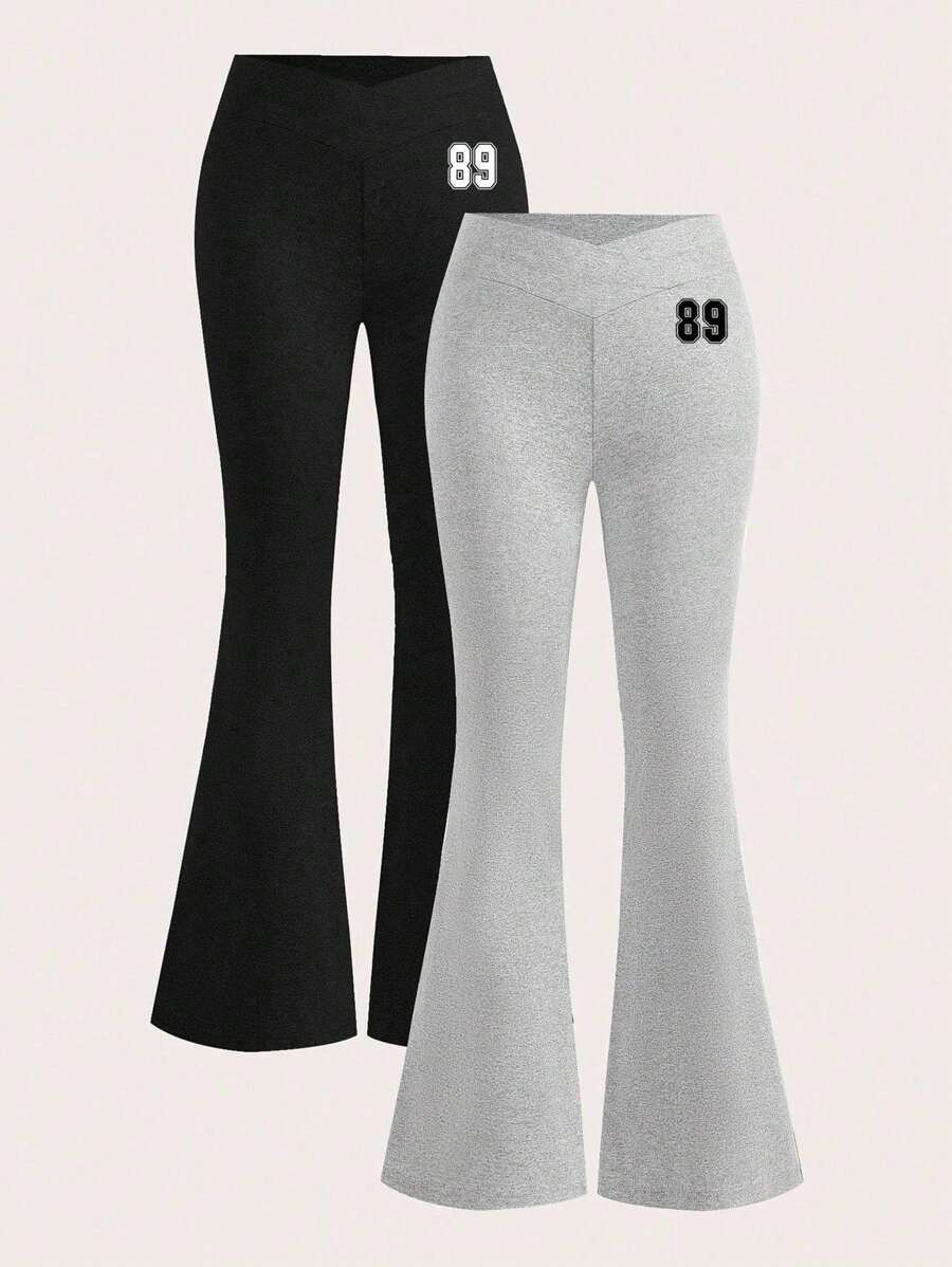 SHEIN EZwear Bộ 2 quần ống loe in họa tiết 89 cạp chéo màu đen và xám dành cho nữ, thích hợp mặc ở sân bay và dạo phố - Nhiều màu - Xem 1