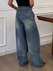 Livesso 女士宽松休闲直筒牛仔裤，秋冬新品 - 藍色 - 查看 2