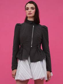 COUREZ 拉链束身运动领外套，侧边带扣细节 / Y2K 外出穿搭 秋季女装 秋季服装 可爱冬季外出上衣 秋季上衣 冬季女装 哥特风 - 灰色 - 查看 5