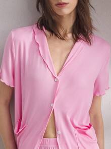 Ocili Soft Ribbed Contrast Color Ruffle Collar Short Sleeve & Shorts Pajama Set For Women - Pink - View 7