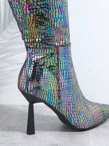 SHUZIA Crocodile Embossed Point Toe Over The Knee Boots - Black - View 5