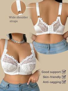 DesireSculpt 1pc Plus Size Lace Patchwork Underwire Bra, Lift - White - View 2