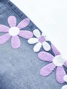 Tween Girls Cute Blue Flower Embroidery Wide-Leg Loose Denim Pants,Washed Light Blue Jeans For School,Back-To-School,Autumn,Vintage Academic Style - Blue - View 4