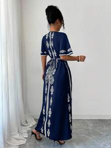 Elenzga 全新优雅V领时尚印花女式连衣裙 - 藏蓝色 - 查看 2