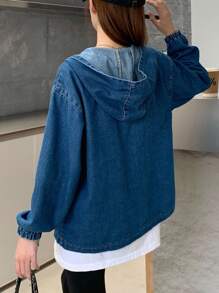 SHEIN Teen Girls Solid Washed Half Button Drawstring Hem Casual Baggy Loose Fit Hooded Denim Jacket Coat,Fall Clothes,Back To School Winter Clothes,Teen Girl Back To School Homecoming Outfits