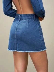 Jeanoix Women's Casual Washed Denim Frayed Hem A-Line Skirt - Blue - View 2
