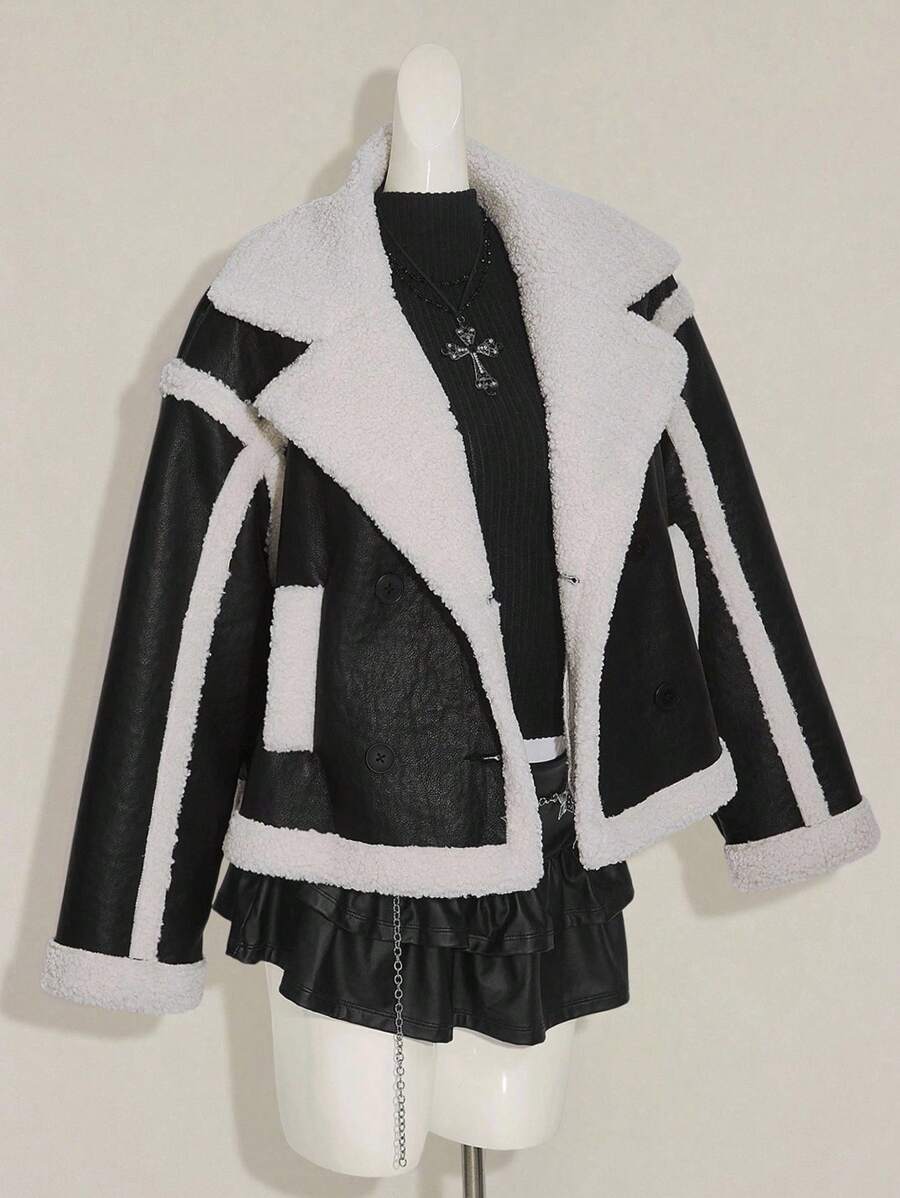 SHEIN ICON Damen Schwarze und Weiße Lässige Locker Kragen Langarm Einreihige Jacke, Herbst/Winter - Schwarz und Weiss - Übersicht 1