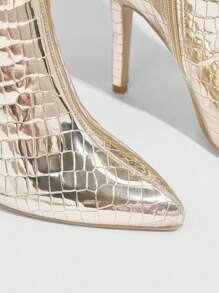 CUCCOO SZL 时尚欧美风格尖头过膝靴，细高跟，鹅卵石纹理，夜总会设计，万圣节圣诞节迪斯科派对性感夜总会坏人秋季 - 金色 - 查看 5