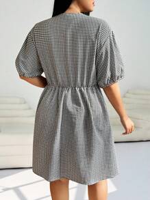Váy mini tay bồng dễ thương họa tiết kẻ caro đen trắng cỡ lớn dành cho nữ, trang phục xuân hè - Đen và trắng - Xem 2