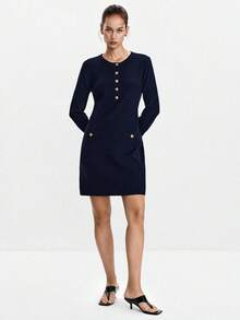 Lumivelle Women's Solid Color Round Neck Single-Breasted Casual Knit Sweater Dress Fall Winter Cloth For Women