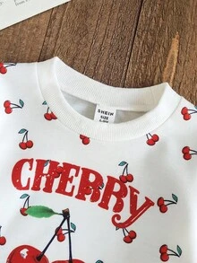 SHEIN Vintaside Kids Baby Girls' Spring/Autumn Outfit "Cherry Sweetheart" Set: Cream English Slogan Sweatshirt + Retro Blue Jeans, Cherry Print Top & Embroidered Pants, Dopamine Energetic Casual Daily Wear, Sweet & Cool Style Fall Winter,Christmas Outfit - Multicolor - View 5