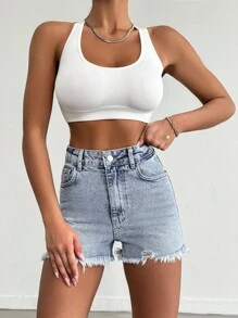 EURMUSE 100%Cotton Mini Heavy Destroy Short With Back Label Detail - Medium Wash - View 5