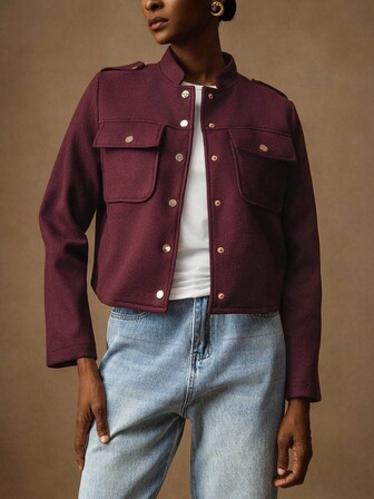 Vesra Chaqueta corta de mujer con cuello alto, unicolor, manga raglán, botones ocultos y bolsillos reales