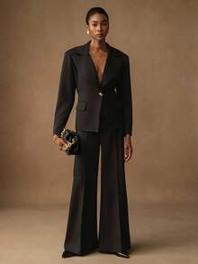 Lyxana Women's Oversized Wide Narrow Waist Metal Button Blazer Fall Cloth For Women - Black - View 3