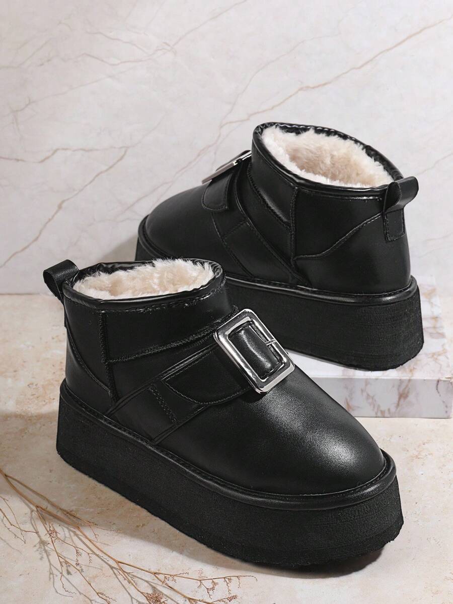 SHUZIA 女式黑色pu皮帶雪地靴
