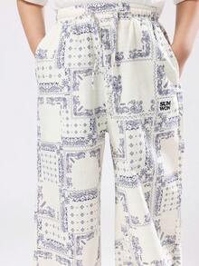 SUMWON 男童休闲阔腿夏季裤头巾佩斯利印花松紧腰棉质长裤舒适宽松春季时尚 - 藍白色 - 查看 6