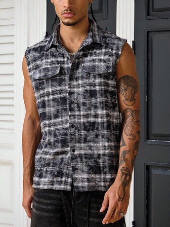 Street Life Men's Washed Tie-Dye Distressed Plaid Vest
