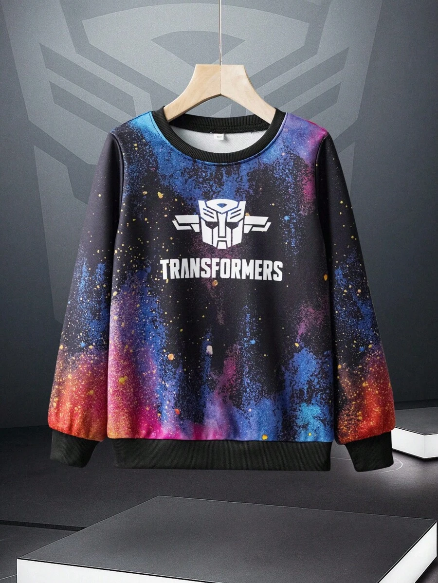 Transformers X SHEIN Tween Boy Letter & Robot Graphic Crew Neck Long Sleeve Pullover Sweatshirt Fall Winter - Black - View 1