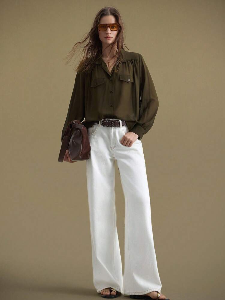 Women's Army Green Autumn Smart Casual Work Blouse,Elegant Solid Long Sleeve Loose Fit Tops,Minimalist Urban Chic Office Pullover,Woven Professional